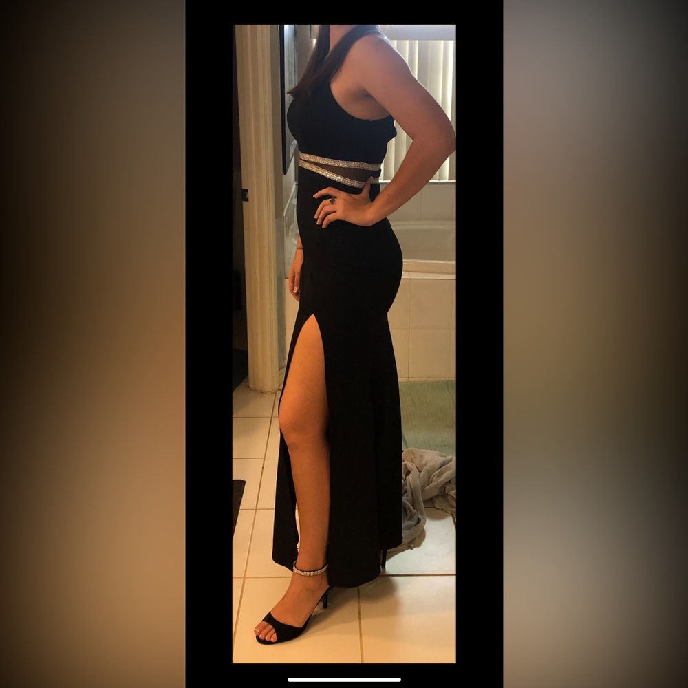 Long black prom dress with halter neck and rhinestone waist